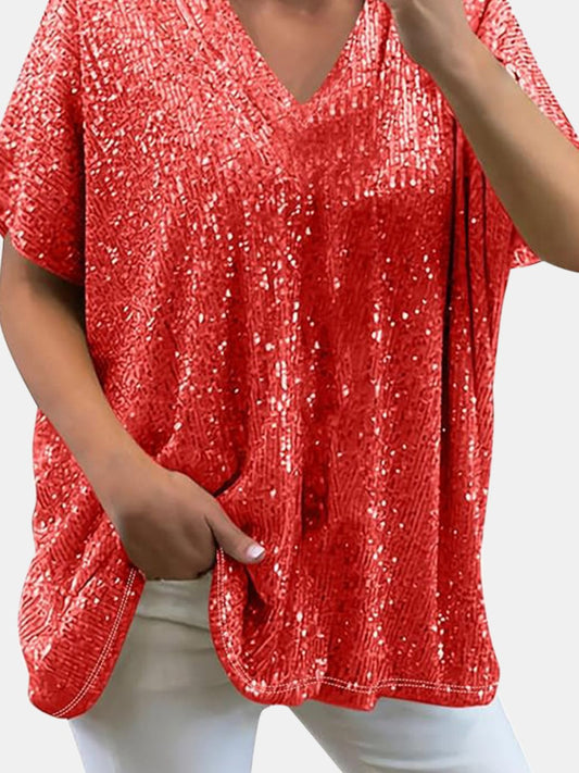 Full Size Sequin V-Neck Short Sleeve Top (9 Colors)