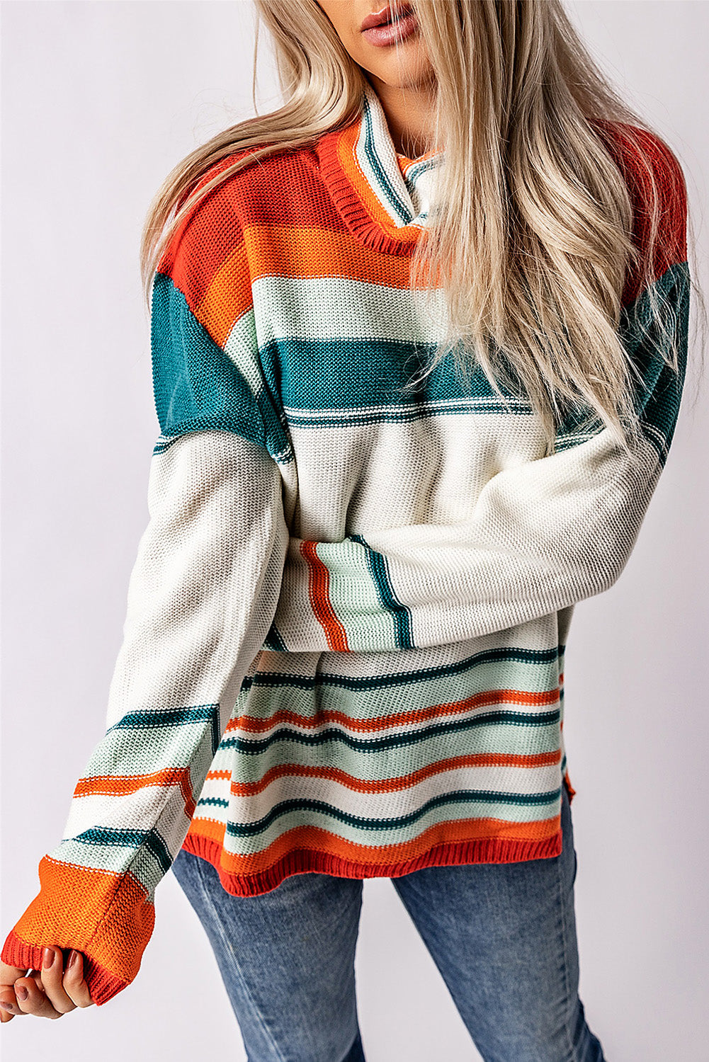 Contrast Striped Turtleneck Dropped Shoulder Sweater