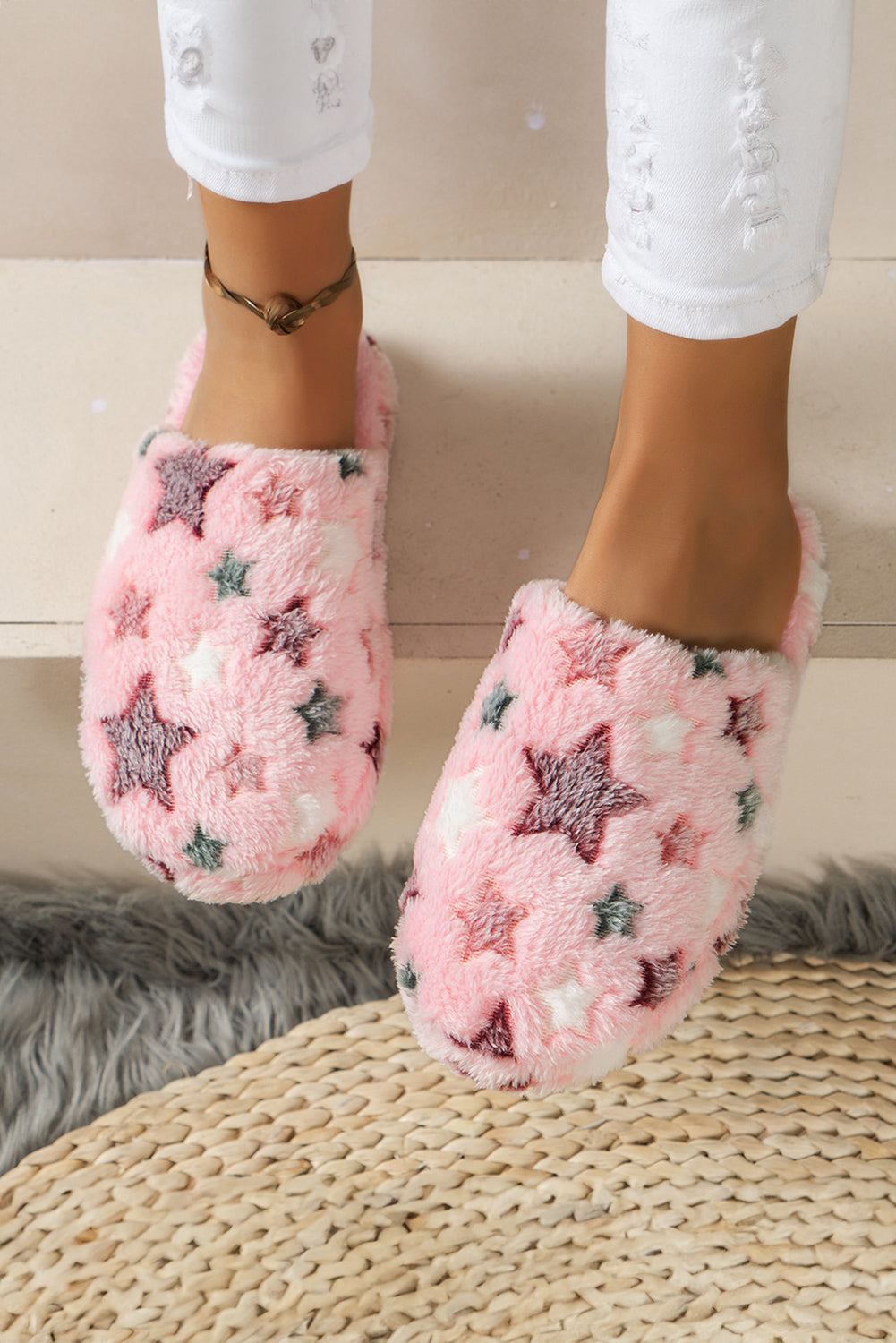 Pink Star Pattern Plush Home Slippers (2 Colors)