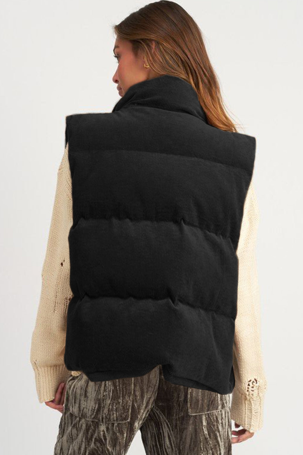 Coffee Corduroy Stand Neck Zipped Puffer Vest (2 Colors)