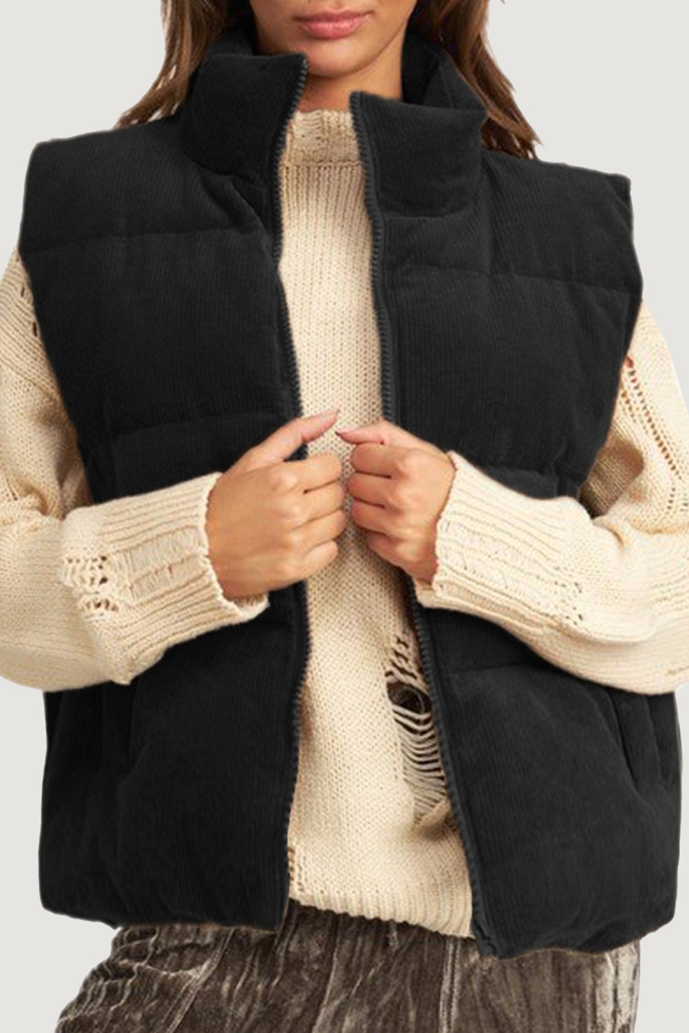 Coffee Corduroy Stand Neck Zipped Puffer Vest (2 Colors)