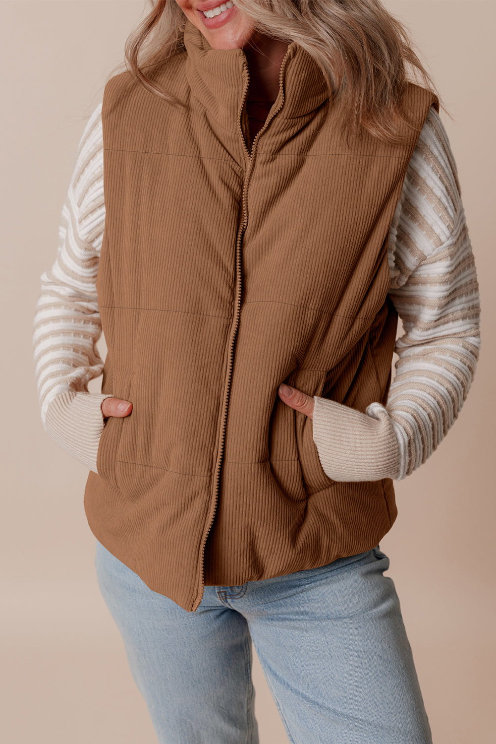 Coffee Corduroy Stand Neck Zipped Puffer Vest (2 Colors)