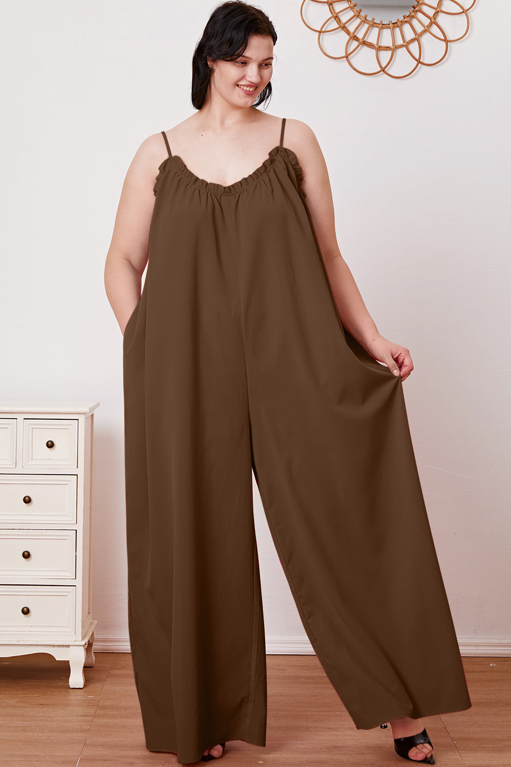 Double Take Full Size Ruffle Trim Tie Back Cami Jumpsuit with Pockets (2 colors)