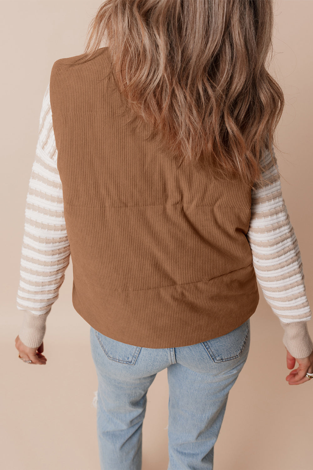 Coffee Corduroy Stand Neck Zipped Puffer Vest (2 Colors)