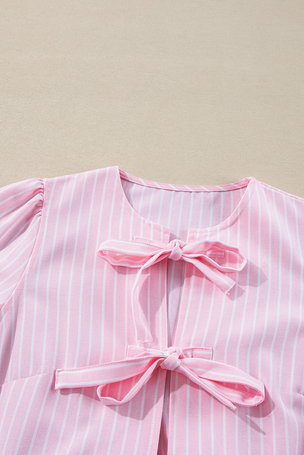 Tied Bow Striped Round Neck Blouse