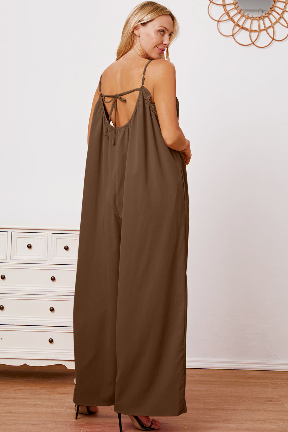 Double Take Full Size Ruffle Trim Tie Back Cami Jumpsuit with Pockets (2 colors)