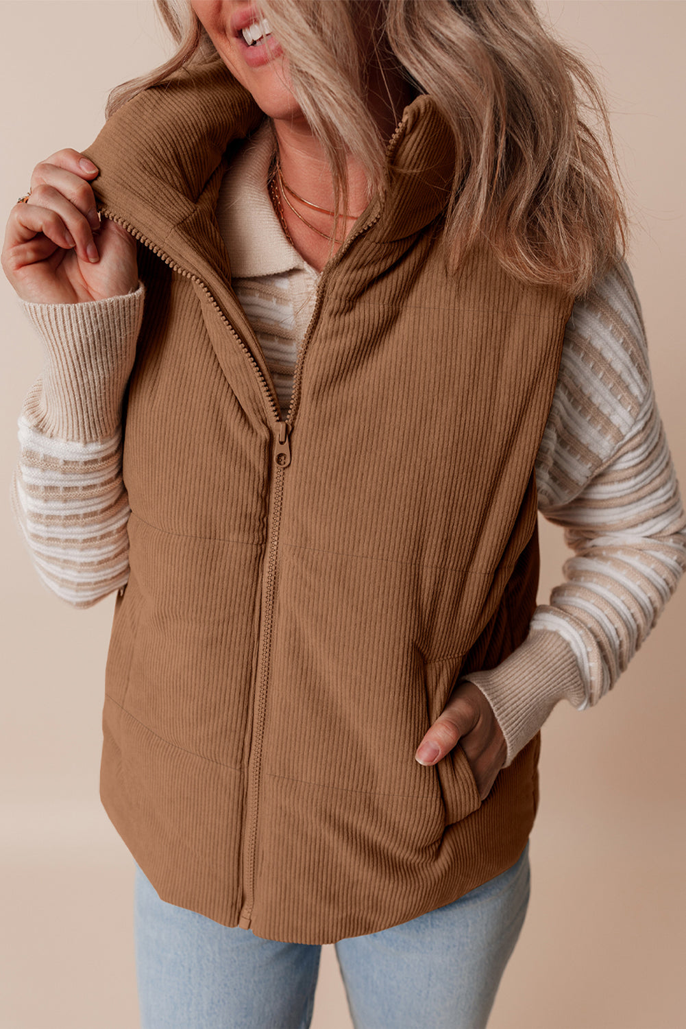 Coffee Corduroy Stand Neck Zipped Puffer Vest (2 Colors)