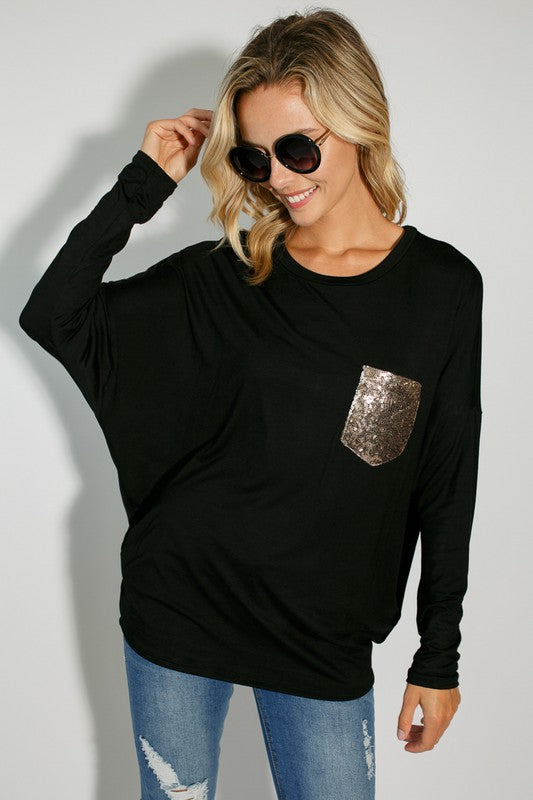 Plus sequin pocket dolman LS top