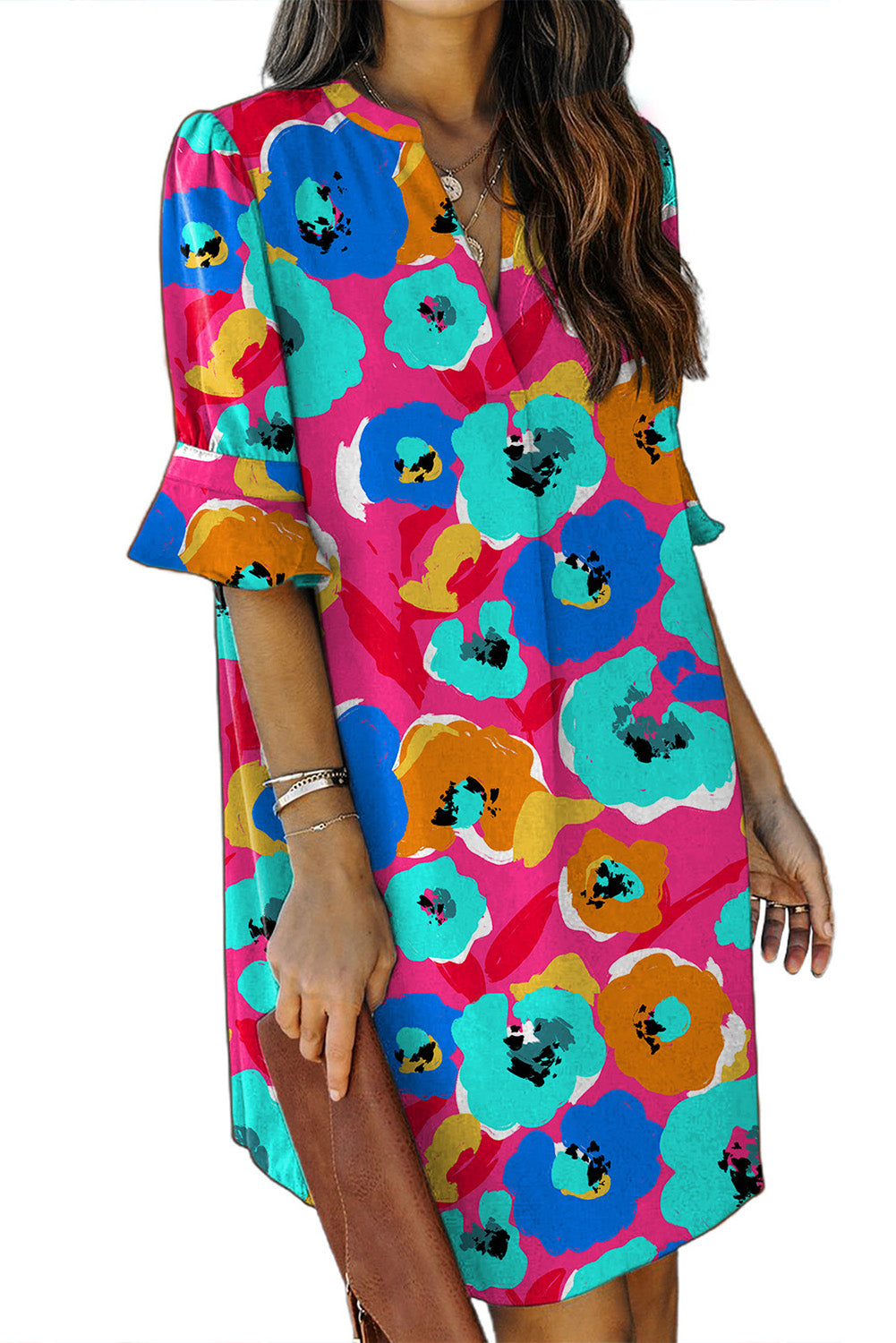 Multicolor Split V Collar Ruffle Sleeve Floral Shift Dress