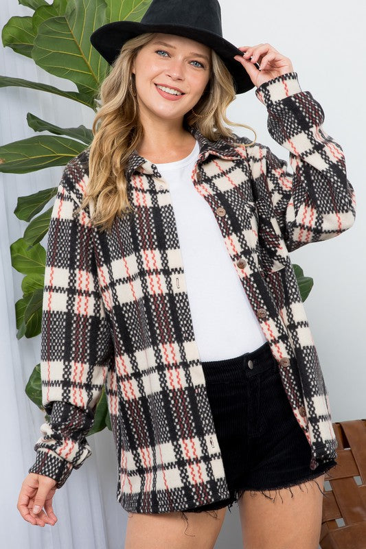 Plus fuzzy plaid button down shacket (2 colors)