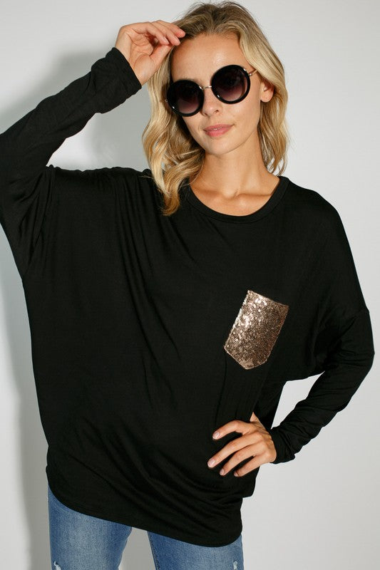 Plus sequin pocket dolman LS top