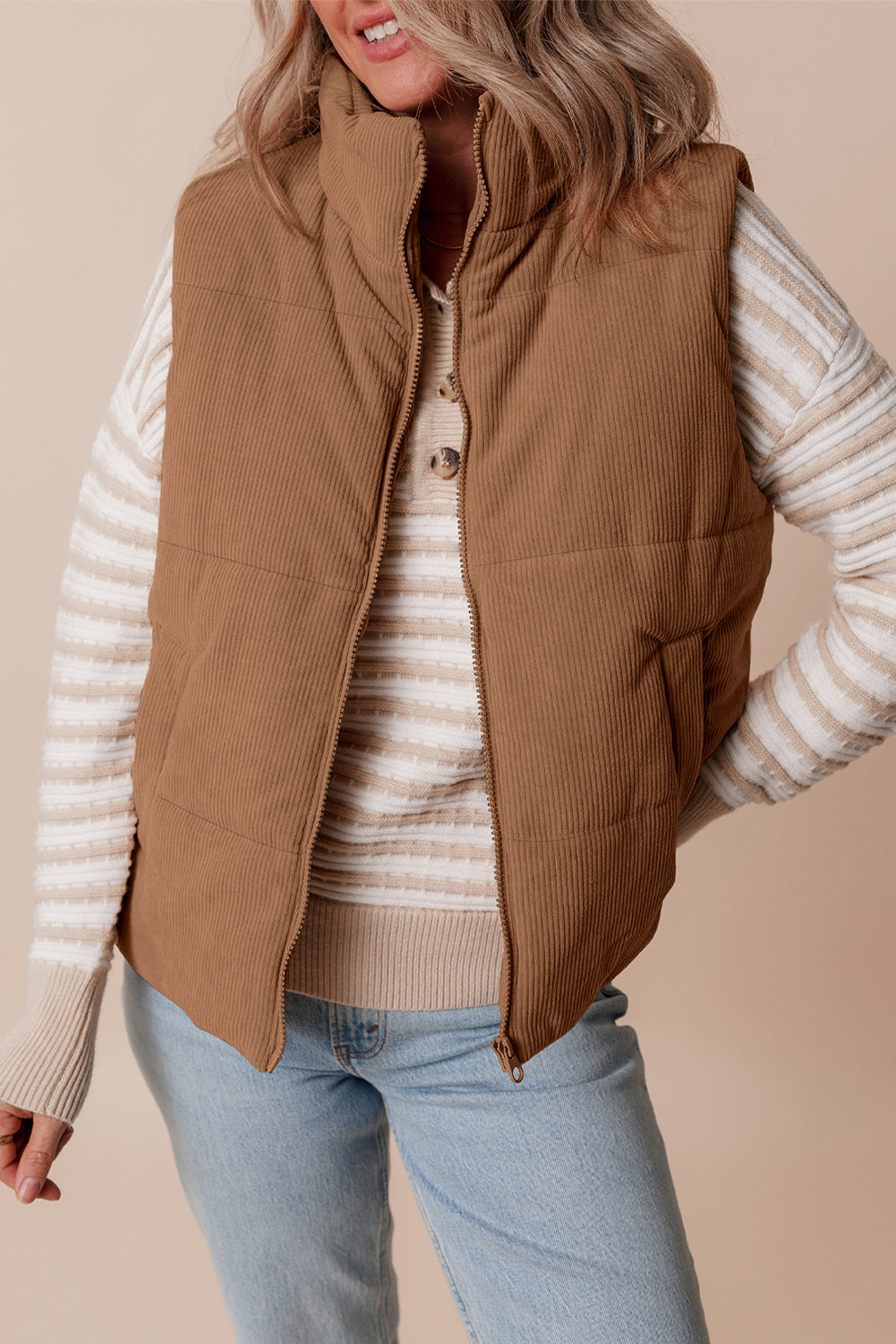 Coffee Corduroy Stand Neck Zipped Puffer Vest (2 Colors)