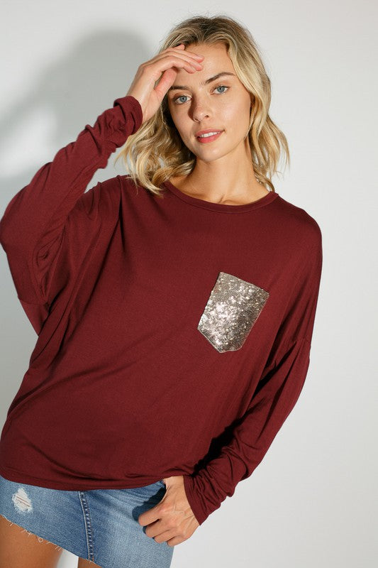 Plus sequin pocket dolman LS top