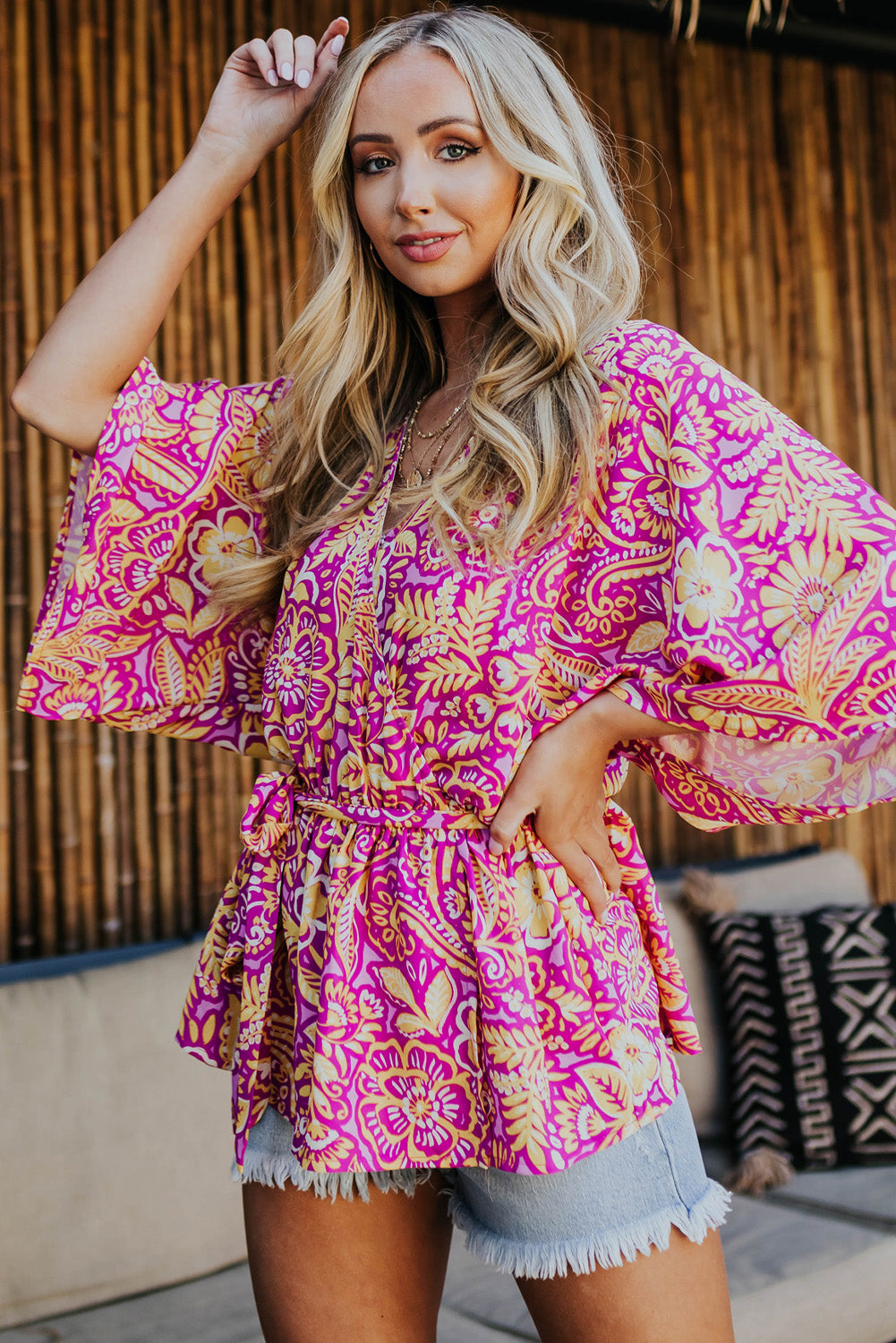 Boho Floral Print Belted Surplice Blouse