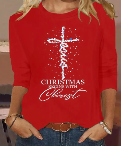 Christmas Begins with Christ Crew Neck Long Sleeve Casual T-Shirt