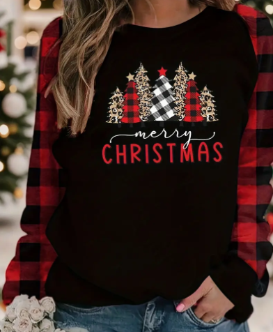 Christmas Tree & Plaid Print T-shirt - Merry Christmas