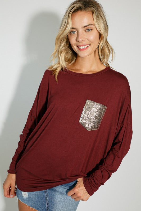 Plus sequin pocket dolman LS top