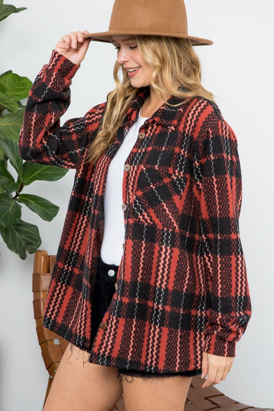 Plus fuzzy plaid button down shacket (2 colors)