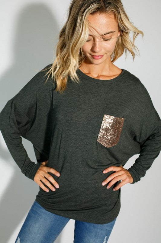 Plus sequin pocket dolman LS top