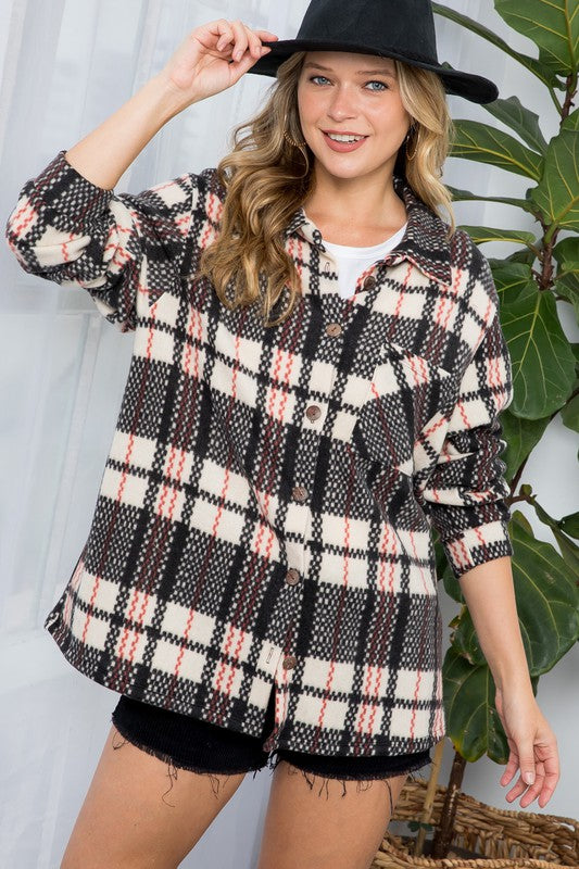 Plus fuzzy plaid button down shacket (2 colors)