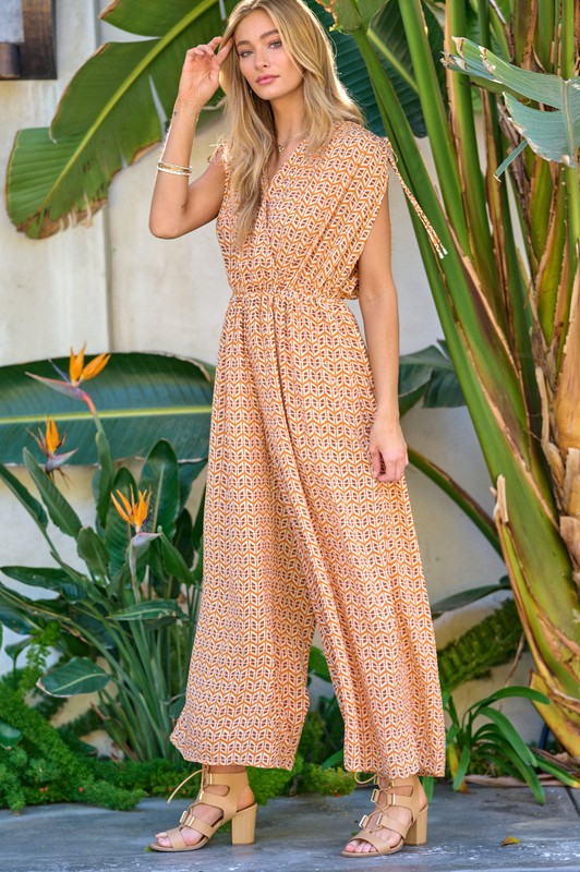 Printed V-Neck Sleeveless Jumpsuit-2 colors