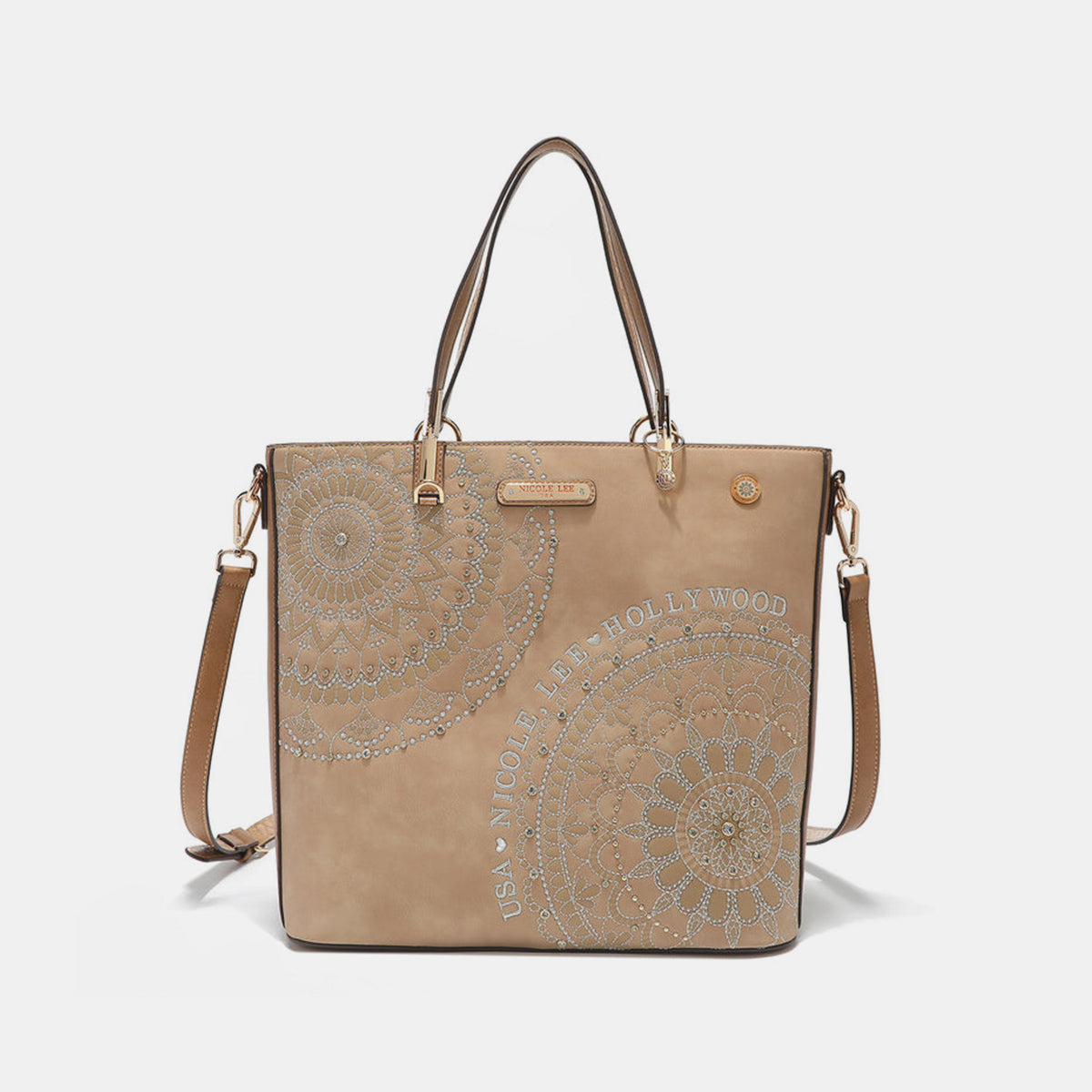 Nicole Lee USA Metallic Stitching Embroidery Inlaid Rhinestone Tote Bag (4 Colors)