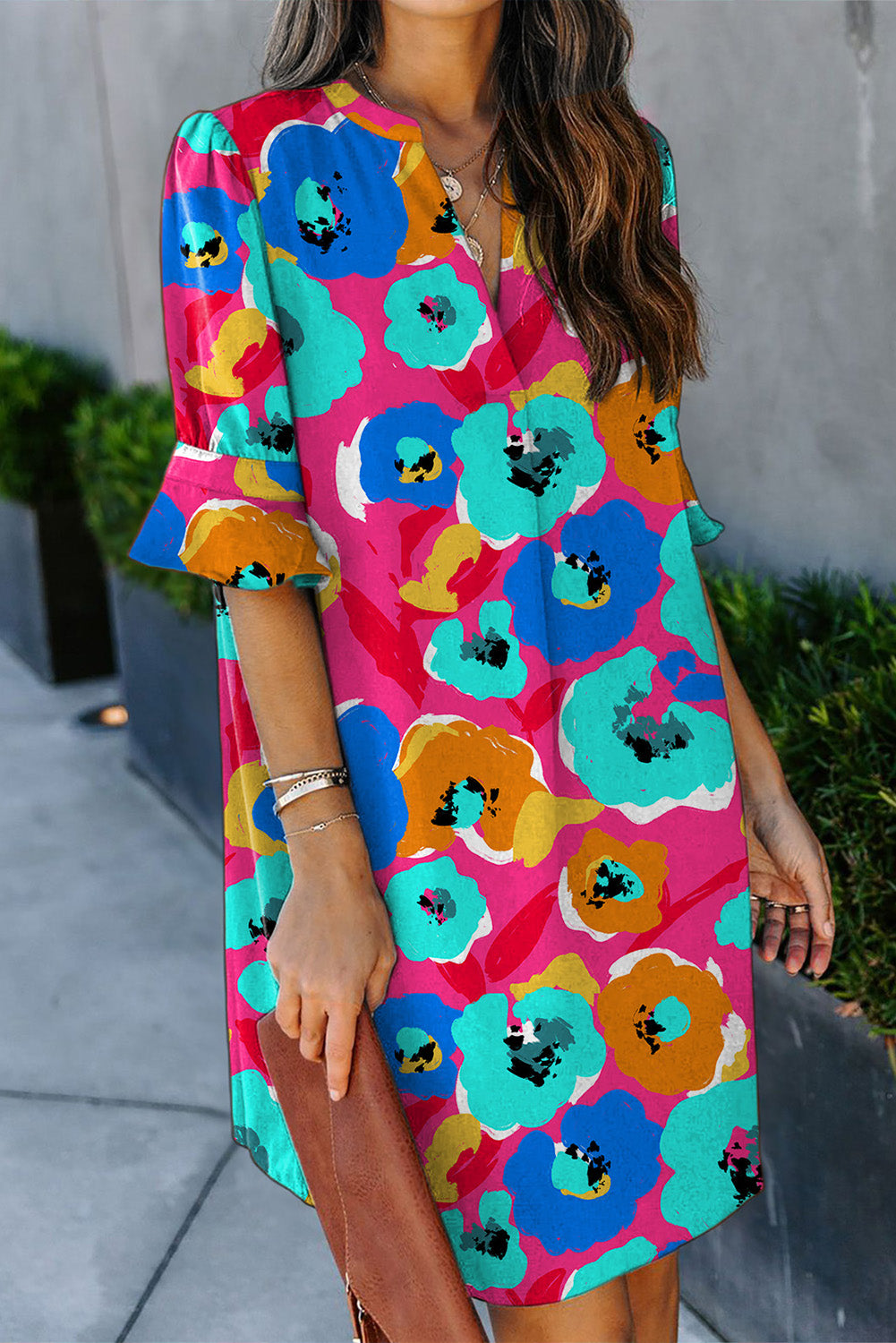 Multicolor Split V Collar Ruffle Sleeve Floral Shift Dress