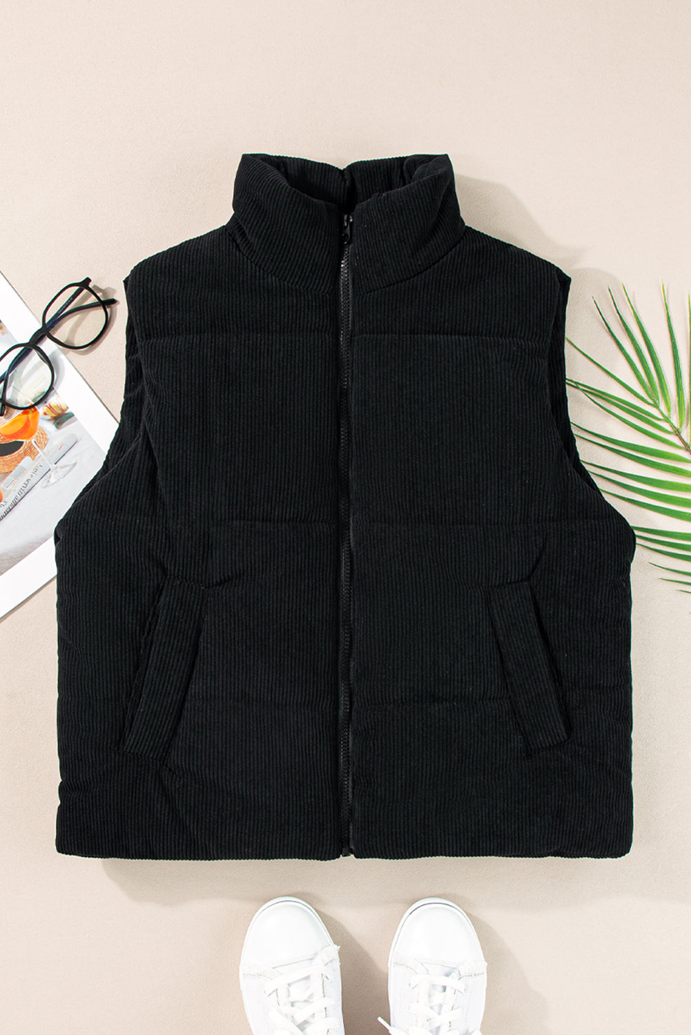 Coffee Corduroy Stand Neck Zipped Puffer Vest (2 Colors)