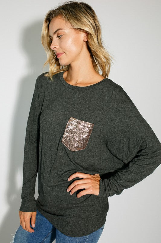 Plus sequin pocket dolman LS top