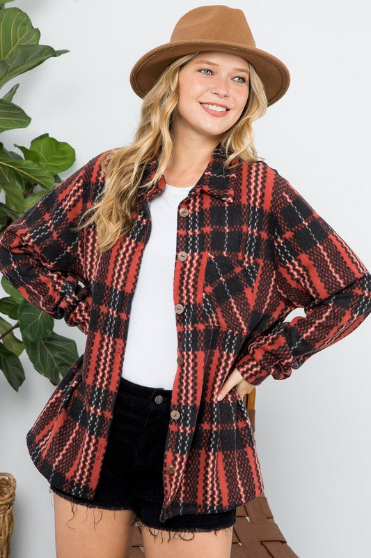 Plus fuzzy plaid button down shacket (2 colors)