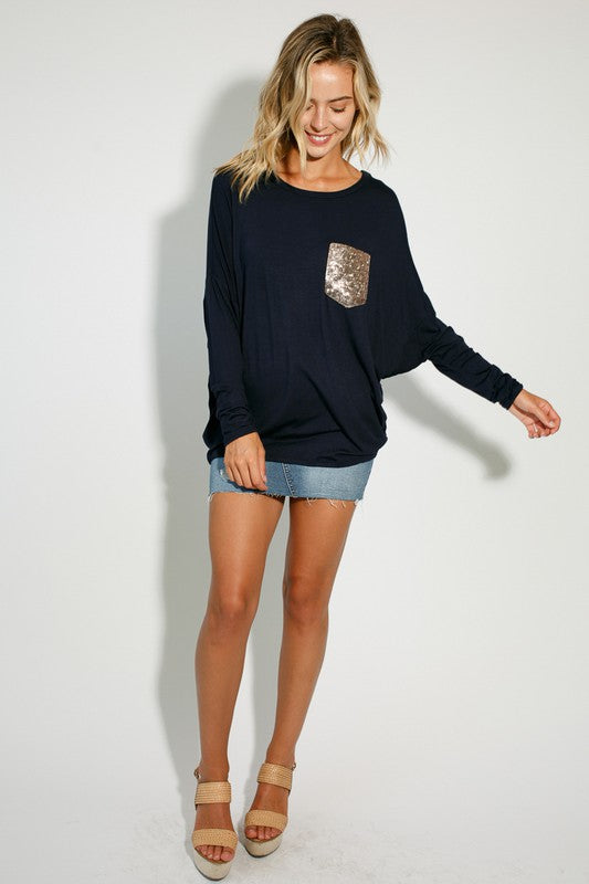 Plus sequin pocket dolman LS top