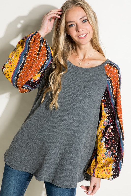 Plus Floral Solid Mix Puff LS Top (2 Colors)