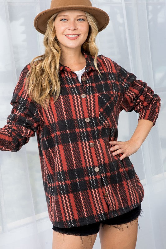 Plus fuzzy plaid button down shacket (2 colors)