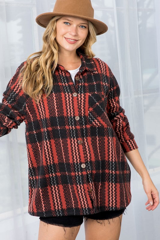 Plus fuzzy plaid button down shacket (2 colors)