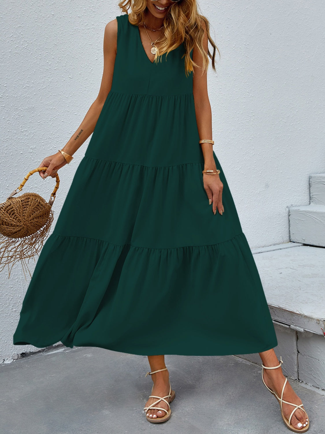 Tiered V-Neck Sleeve Dress (4 Color Options)