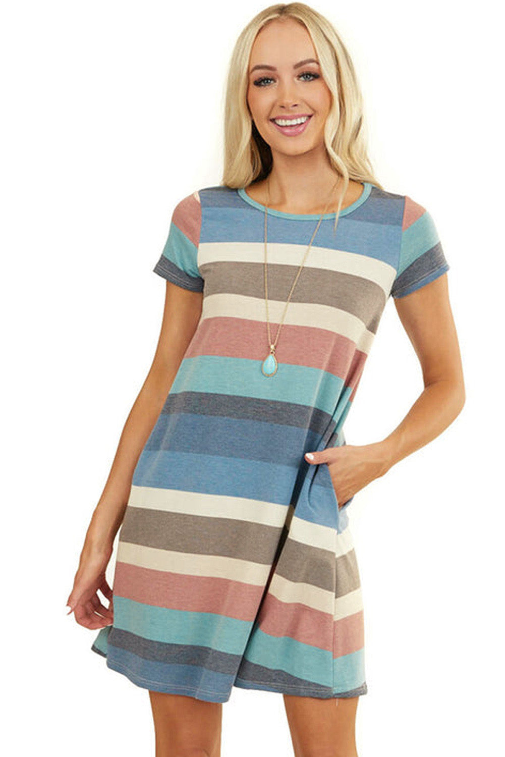 Multicolor Striped Pocket T Shirt Dress (Multiple Colors)