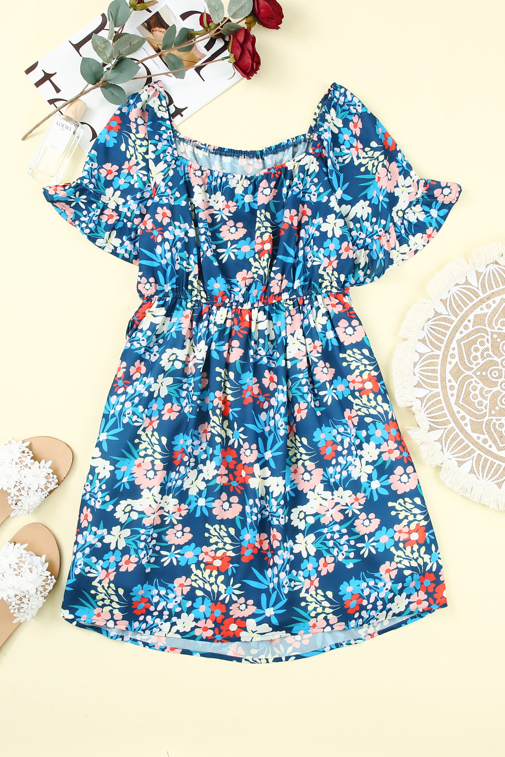 Square Neck Ruffle Floral Dress